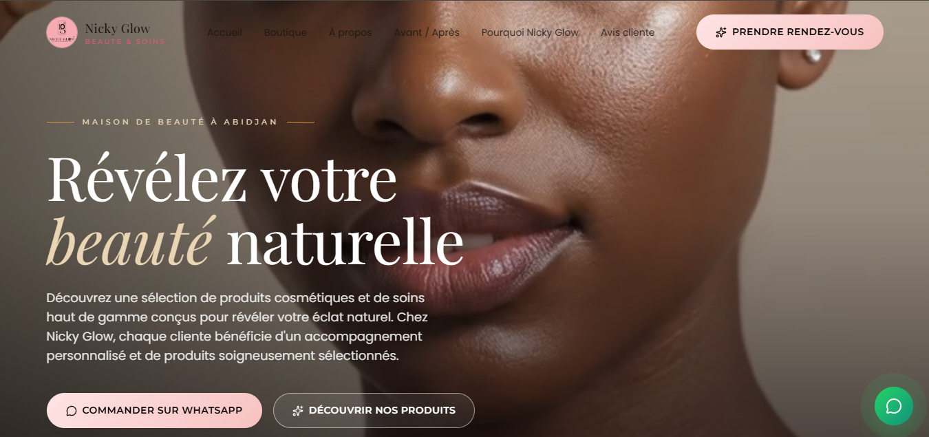 Page d'accueil de la boutique en ligne NickyGlow réalisée par AM SERVICE